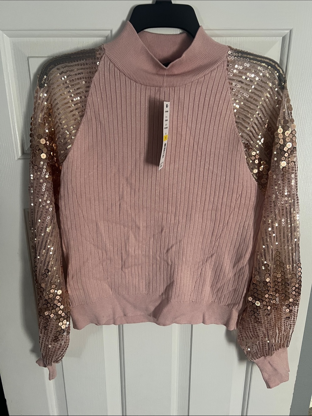 Joseph A Pink Sequin Sleeve Mock Neck Sweater